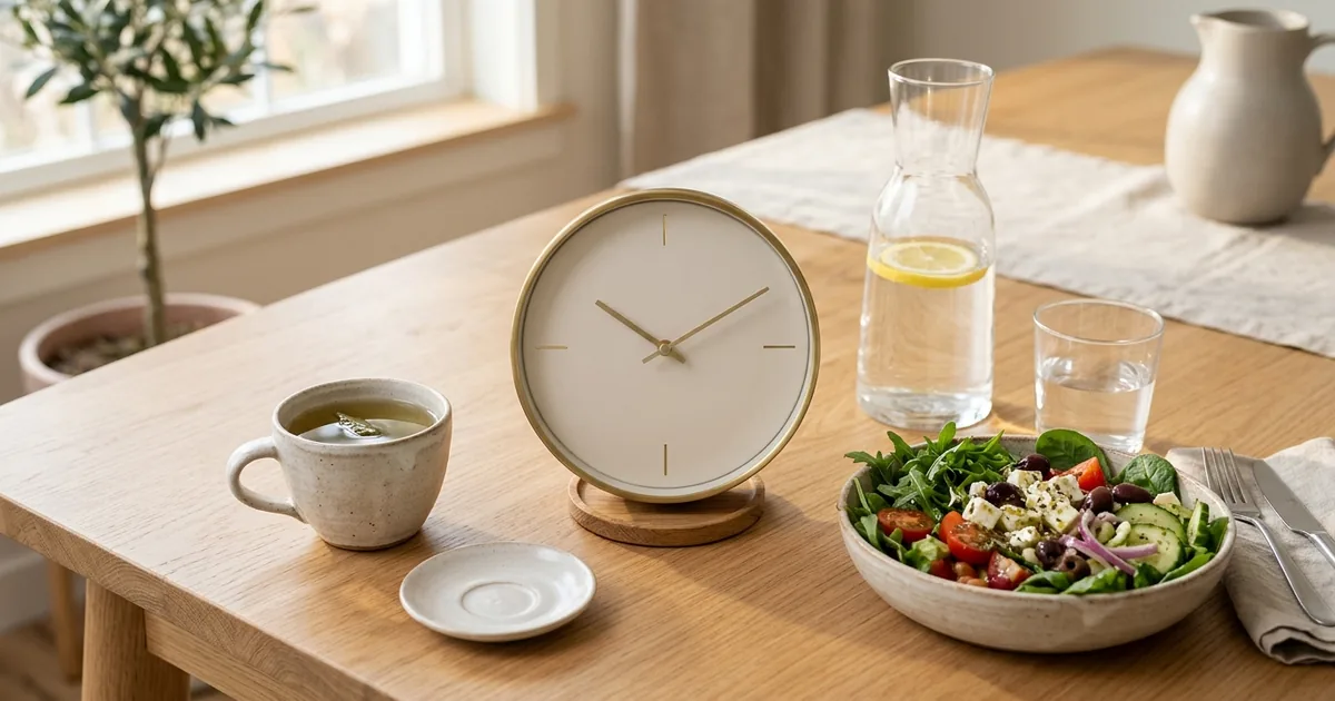 Reloj de diseño minimalista junto a taza de té verde y comida mediterránea equilibrada.