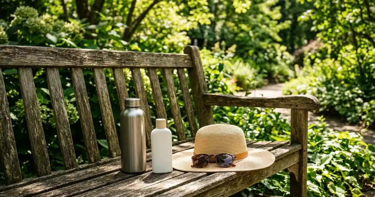 Sombrero de protección solar, crema fotoprotectora y zapatillas deportivas en parque saludable.