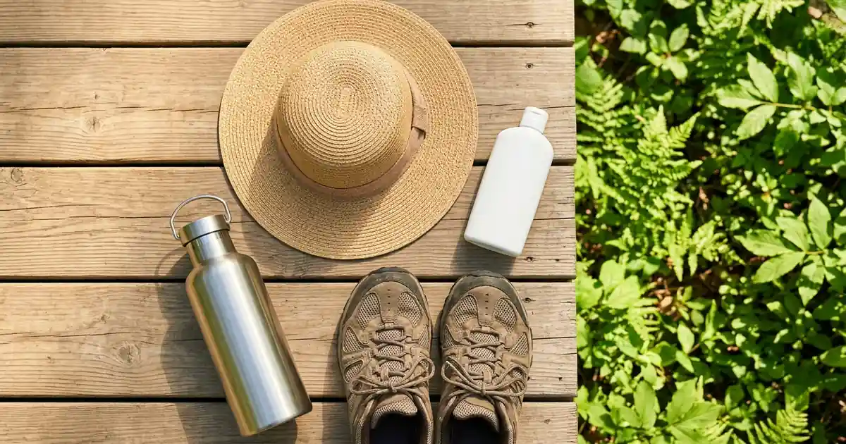 Sombrero de protección solar, crema fotoprotectora y zapatillas deportivas en parque saludable.