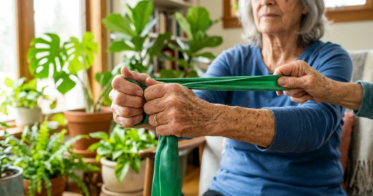 Adulto mayor activo realizando ejercicios de movilidad y equilibrio en habitación soleada.