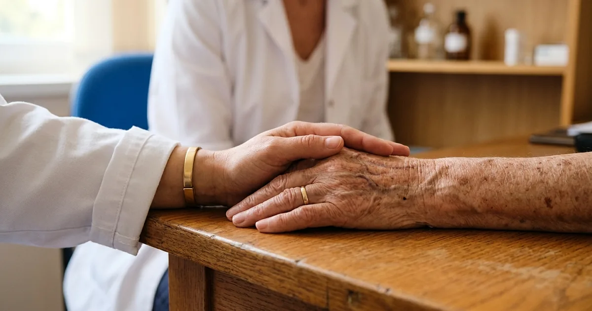 Médico internista sosteniendo la mano de un paciente anciano con calidez y cercanía.