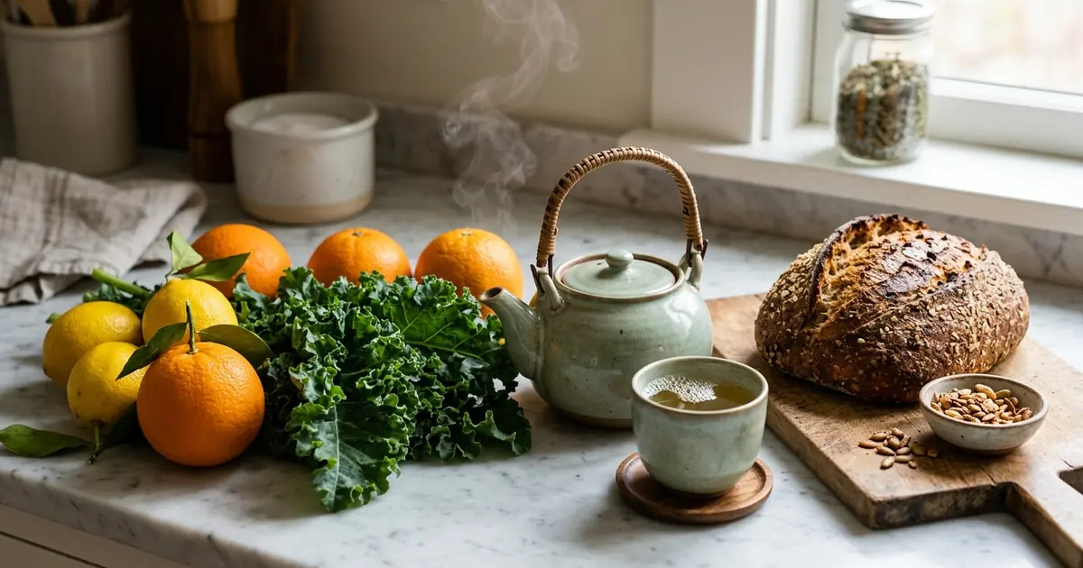 Cesta y mesa de alimentos frescos de temporada recomendados por guías de prevención oncológica.
