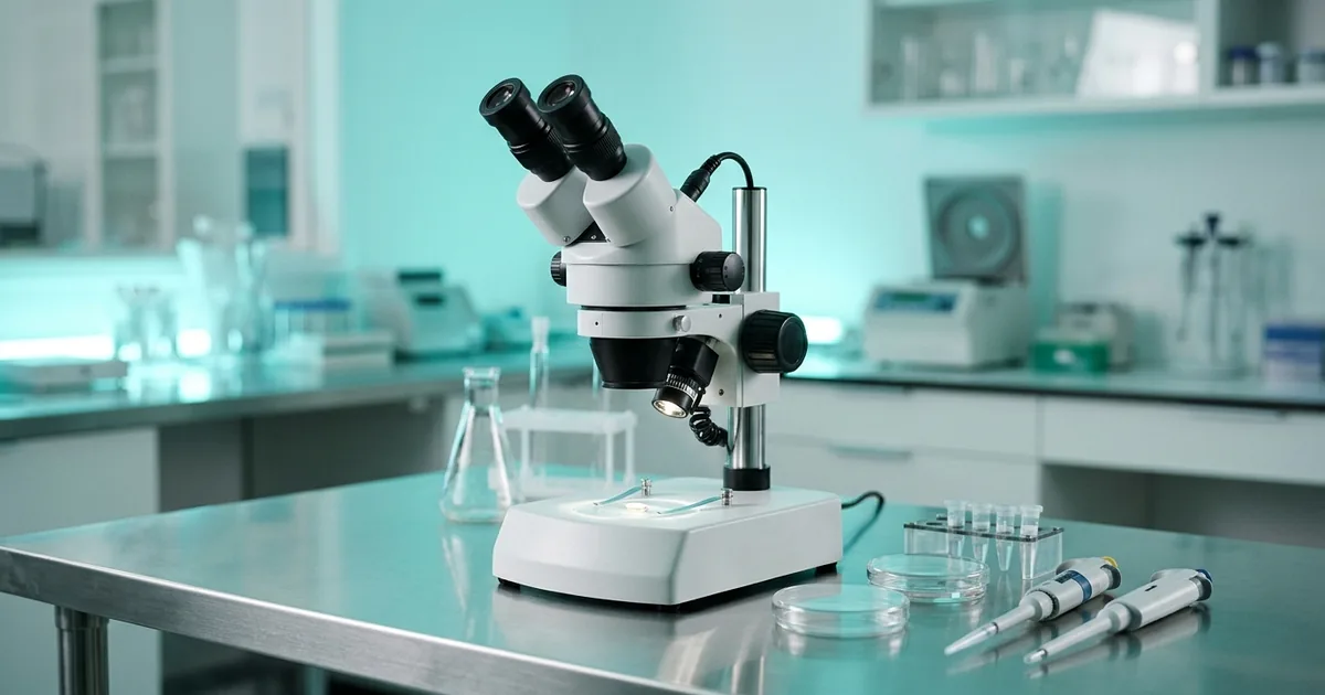 Laboratorio de fertilidad y medicina reproductiva con microscopio clínico y probetas estériles.
