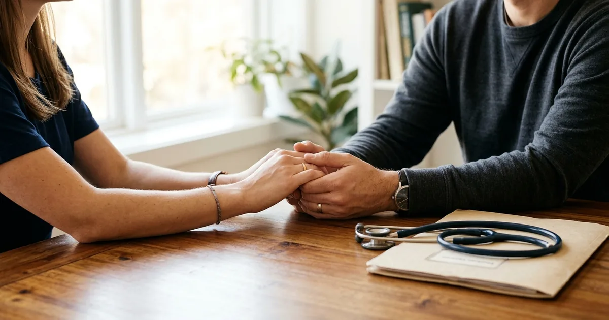 Pareja en consulta médica sosteniendo sus manos sobre la mesa de exploración médica.