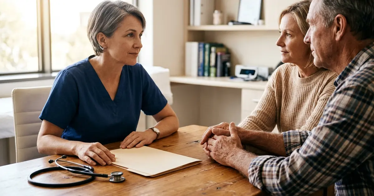 Pareja en consulta médica sosteniendo sus manos sobre la mesa de exploración médica.