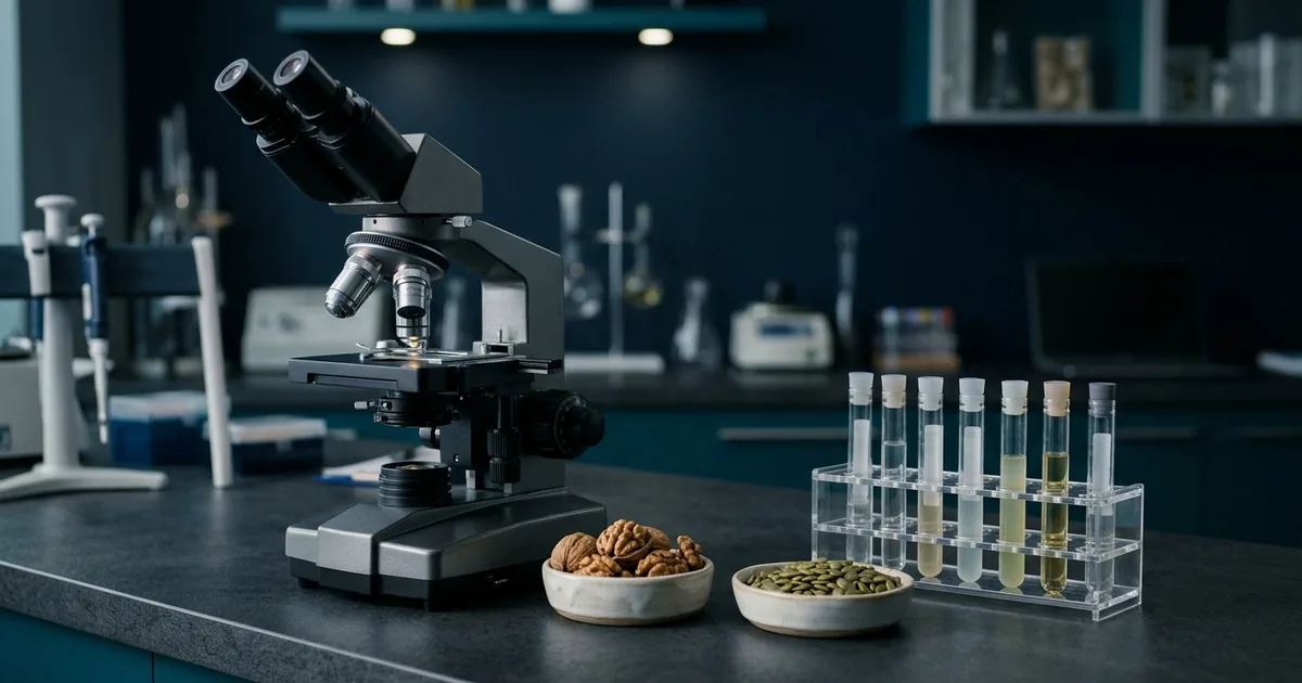 Laboratorio de andrología clínica con microscopio y alimentos protectores con zinc y selenio.