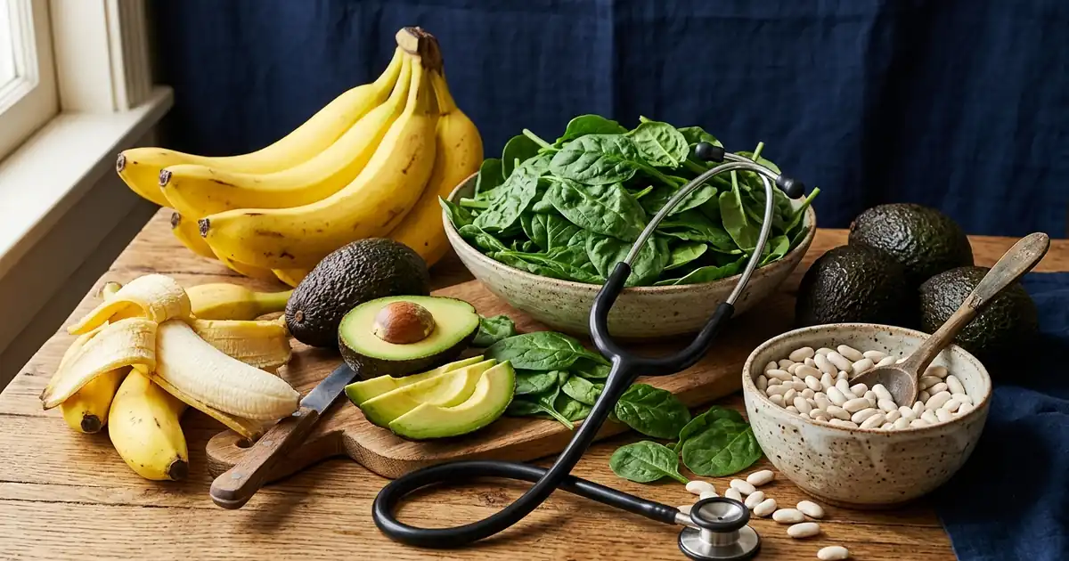 Alimentos ricos en potasio como plátanos, espinacas y legumbres junto a fonendoscopio clínico.